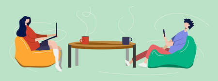 Wife and husband sitting on the chair, living room interior with furnitureのイラスト素材