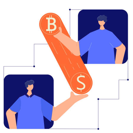 Concept vector illustration for cryptocurrency exchange. Two men give each other crypto currency.のイラスト素材