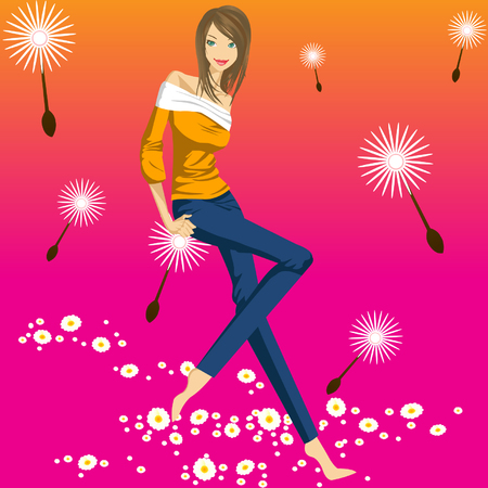 A girl model is showing her latest fashion style, shirts and jeans.のイラスト素材