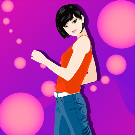 A young girl standing and posing for photographer to snap her.のイラスト素材