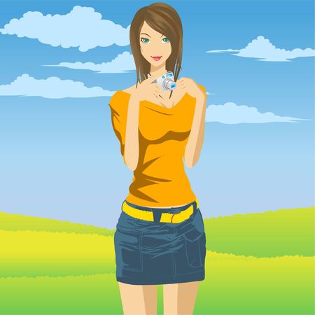 A girl holding a camera and ready to take picture.のイラスト素材