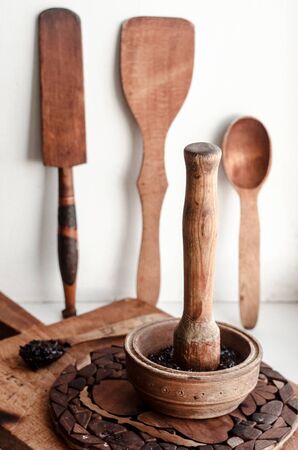 wooden utensils in the kitchen in the villageの写真素材