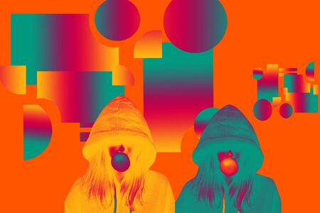 girl chewing gum. art. two colors, aqua, orange. lava color background