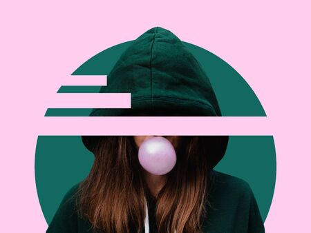 girl inflates chewing gum. bubble of pink color. pink background. cut out. lines, and the circle is green. illustrationの写真素材