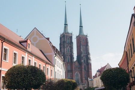 Beautiful Catholic Church in Europe against the blue skyの写真素材