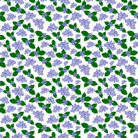 seamless pattern design green leaves and blue flowers on a white backgroundの写真素材