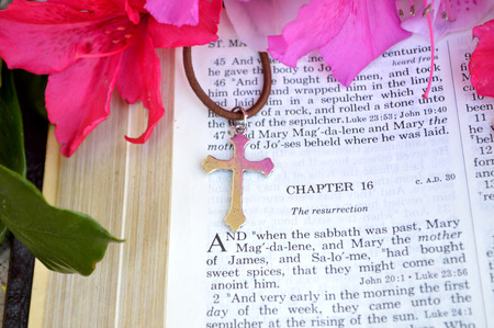 Mark 16 Easter Sunday scripture background with flowers.の写真素材