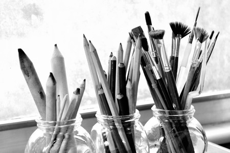 Black and white photo of painting,drawing and sketching tools.の写真素材