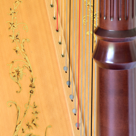 Closeup of pedal harp column strings and soundboard - square shaped image