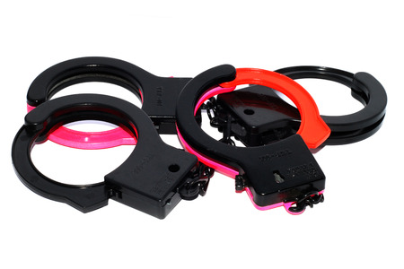 handcuffs lock isolated on white backgroundの写真素材