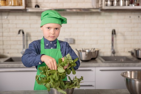 Little boy in a chefs hat and apron at kitchen.の写真素材