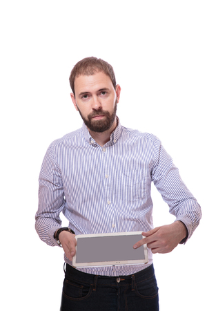 Mature Businessman Showing Digital Tablet Over White Backgroundの写真素材