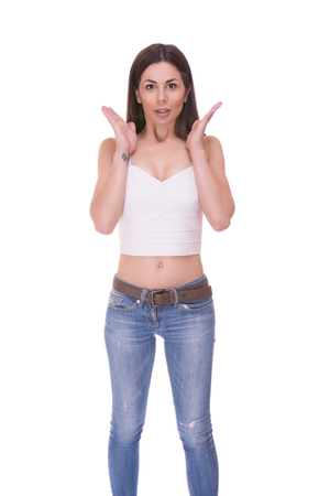 Portrait of a surprised woman isolated on white backroundの写真素材
