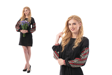 Attractive woman wears Ukrainian national dress isolated on a white backgroundの写真素材