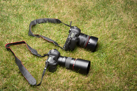 Two photo cameras, reflex cameras on grasse