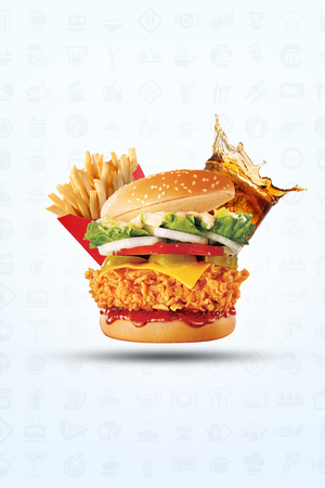 Hamburger on a asesame bun with iced soda drink and crisp golden potato French fries isolated on a white background. Copy spaceの写真素材