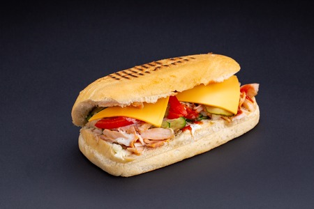Ciabatta bread stuffed with cheese,meat and vegetables on dark background,selective focus and blank backgroundの写真素材