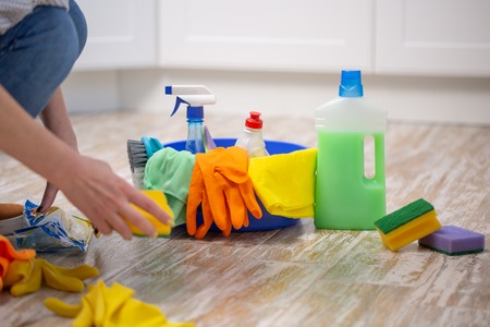 Cleaning concept with supplies at kitchen background. spring cleaningの写真素材