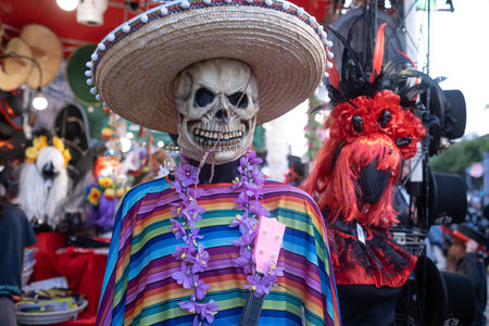 Kyiv, Ukraine, Santa Muerte Carnival, 20.07.2019. Dia de los Muertos, Day of the Dead. halloween. dummy skeleton dressed in sambrero and ponchoのeditorial素材