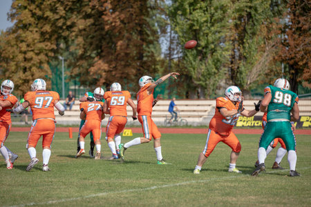 american football match in the stadium. american football competitions Stallions Kyiv - Hurricanes Minsk 08.09.2019のeditorial素材