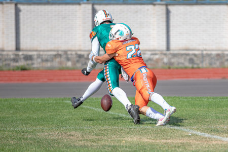 american football match in the stadium. american football competitions Stallions Kyiv - Hurricanes Minsk 08.09.2019のeditorial素材