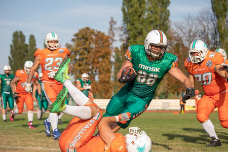 The american football game in the stadium. american football competitions Stallions Kyiv - Hurricanes Minsk 08.09.2019のeditorial素材