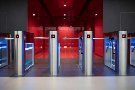 Automatic turnstile at the entrance. Tripod turnstile with electronic card reader is closed. stop...