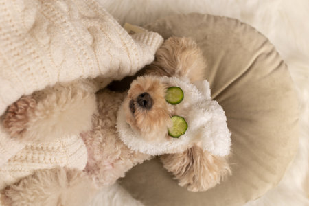 Portrait of cool funny poodle dog resting and relaxing in spa wellness salon center, cucumbers on the eyesの写真素材