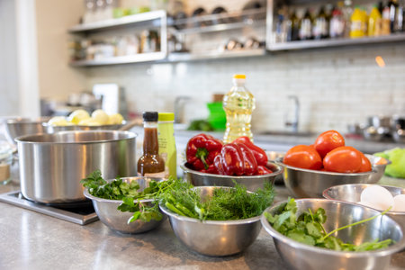 Fresh Vegetables lie in a metal bowls: tomatoes, asparagus, cucumbers, green. Fresh Vegetables lie in a metal bowls: tomatoes, asparagus, cucumbers, green. Ingredients for making saladの写真素材
