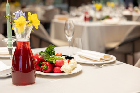 Served dinner table in a restaurant. restaurant modern interiorの写真素材