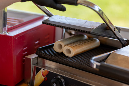 grill, The cook fries hot dog buns on the street. fast food, street foodの写真素材