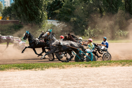 Testing of horses of trotting breeds - July 02.2023: Kyiv, Ukraine. Horse racing at the hippodromeのeditorial素材