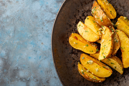 Roasted potatoes with garlic salt pepper cumin dill and herb decoration on blue grey background. Top view.の写真素材