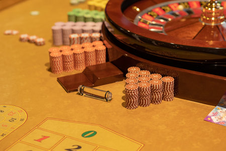 casino roulette with chips close up. Gaming business. place bets.の写真素材