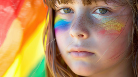 Close-up of a little girl with a rainbow flag painted on her cheeks. Portrait of a child from an LGBTQ family. Pride Day, LGBT family, concepts of rights and equalityの素材