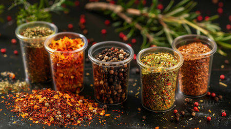 A lot of cups with different kinds of spices. Different seasonings in cups. Spice background on the...