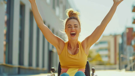 woman wearing fitness clothes and sitting in a wheelchair with surprised happy face with hands to the air. Natural body. Beauty of disabled woman. Motivating lettering. Concept of different appearances. inclusionの素材