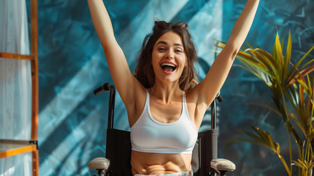 woman wearing fitness clothes and sitting in a wheelchair with surprised happy face with hands to the air. Natural body. Beauty of disabled woman. Motivating lettering. Concept of different appearances. inclusionの素材