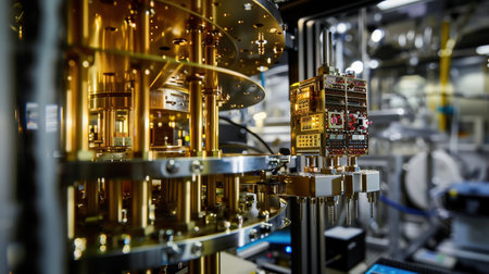 Electrical laboratory And testing equipment. Quantum computer in the laboratory: image of a quantum computer surrounded by scientific equipmentの素材