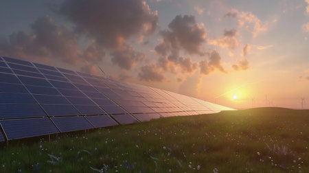 Solar panels on the sky background. Solar power plant. Blue solar panels. Alternative source of...