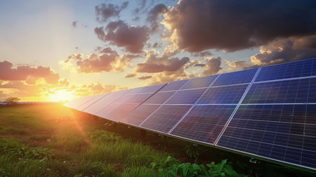 Solar panels on the sky background. Solar power plant. Blue solar panels. Alternative source of...