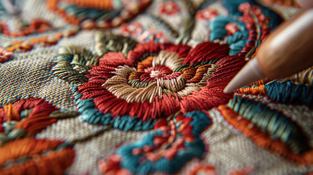 handcrafts like embroidery and needlepoint translate naturally to graphic form. Ethnic flower motive.の素材