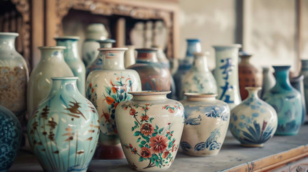 original vintage ceramic dishes on a wooden table at a flea market. handmade collectible ceramicsの素材