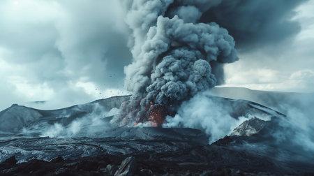 Lava going down the Volcano right after an eruption. volcanic eruption, a lot of smokeの素材