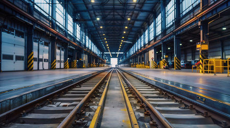 Train tracks cut through an expansive warehouse, highlighting the scale and modern infrastructure of contemporary factory logisticsの素材