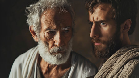 biblical religious theme. Portrait of old man and young manの素材