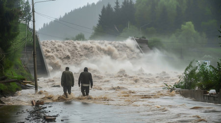 The dam with hydroelectric power plant and irrigation and flood protection. Dam failure, floodの素材