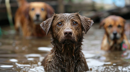 A few stranded dogs in the flood water. Abandoned animals during floodingの素材