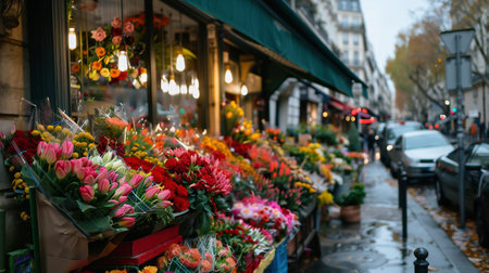 Shop on sale of flowers in Paris, France. flower stall on a Parisian streetの素材