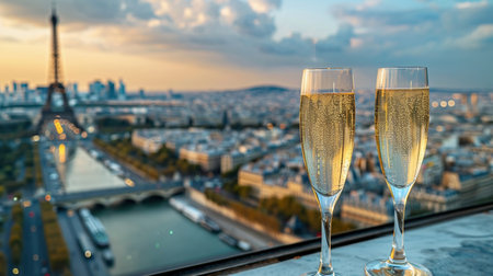 two glasses of champagne at rooftop restaurant with view of Eiffel Tower and Paris skyline, luxury romantic dinner for coupleの素材